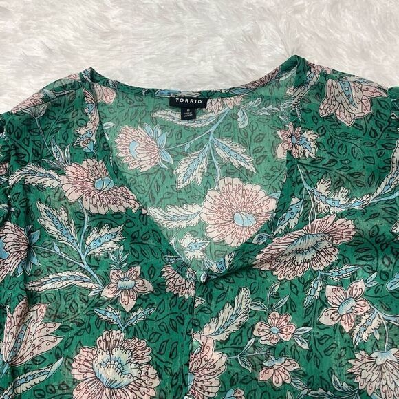Torrid Blouse Green Floral Sheer Size 0 (Large) Balloon Sleeve Loose Fit - Picture 2 of 11